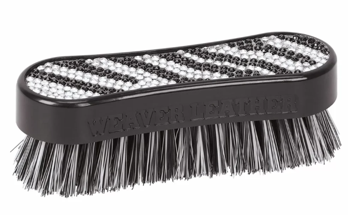 A black leather brush with black and white striped bristles and a black handle, featuring the brand name 'WEaver Leather' embossed on the side.