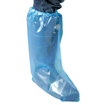 Blue plastic boot covers over a person's foot on a white background