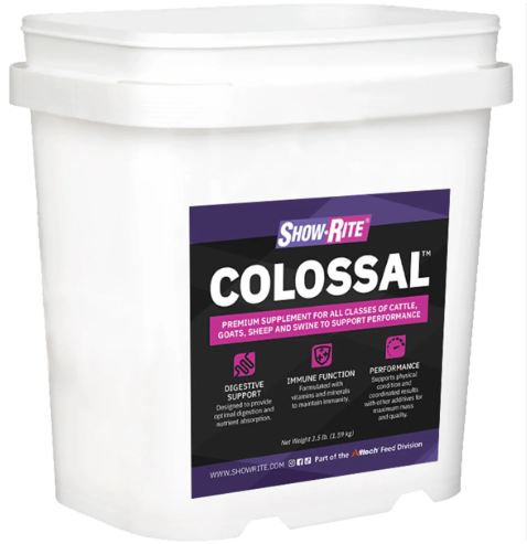 White bucket labeled 'Show-Rite Colossal' on a white background