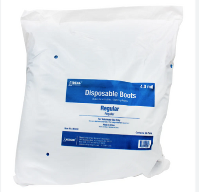 Bag of disposable boots with a visible brand label on a white background