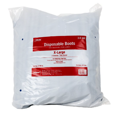 Bag of disposable boots with a red label on a white background