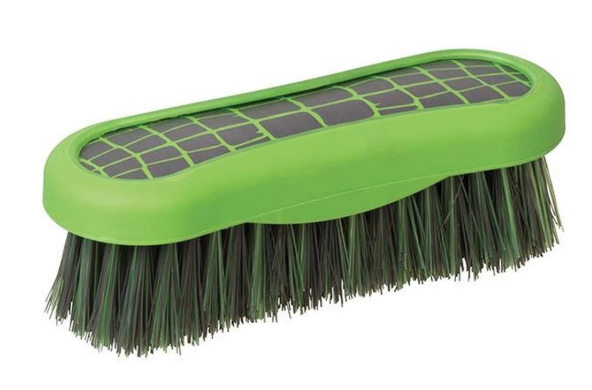 A green-handled brush with dark green bristles and a gray grid-patterned top cover, shown on a plain white background.