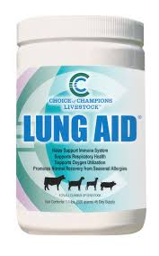 Lung Aid supplement container for livestock with a white lid and colorful label.