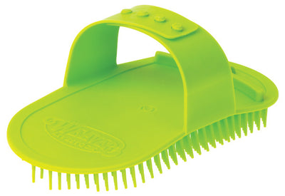 Green plastic brush with bristles on a white background
