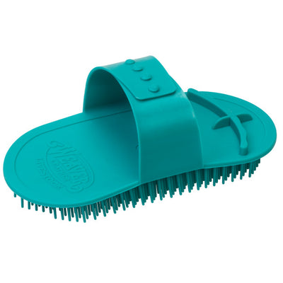 Turquoise rubber sandal with brush on a white background