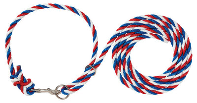 Red, white, and blue braided rope with a metal clasp on a white background