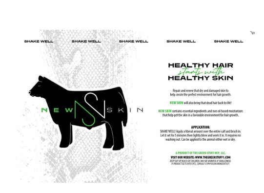 Product label for 'New Skin' with a black cow silhouette on a white background