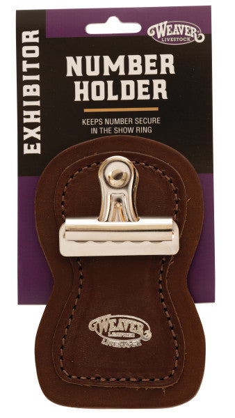 Weaver leather number holder with metal clip on packaging