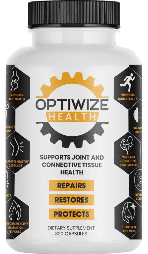 Supplement bottle labeled 'Optiwize Health' on a white background