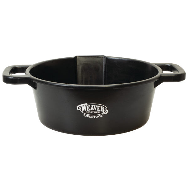 Black livestock water bowl with Weaver Leather logo on a white background