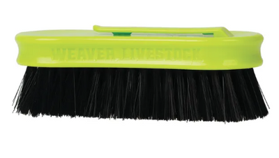 A bright lime green brush head with black bristles, featuring the embossed brand name 'WEAVER LIVESTOCK' on the side, isolated on a white background.