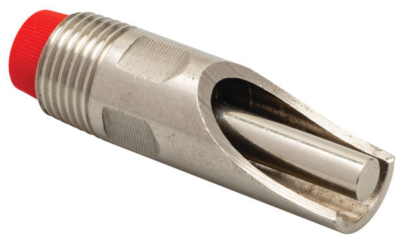 Metal nozzle with red cap on a white background