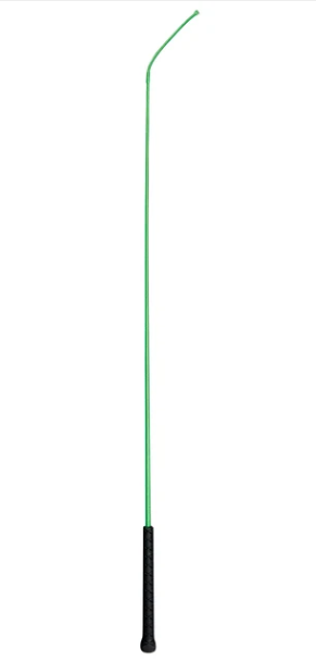 A long green riding crop or whip with a black textured handle, shown vertically against a plain white background.