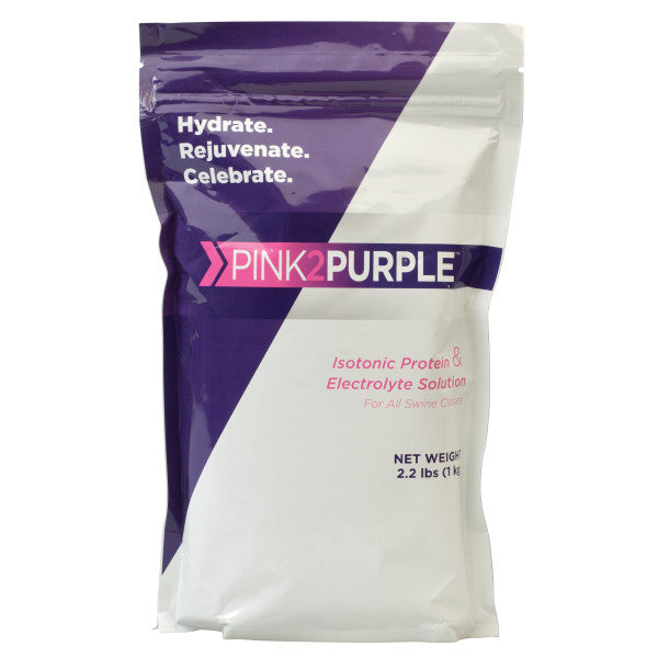 Pink2Purple isotonic protein and electrolyte solution package on a white background