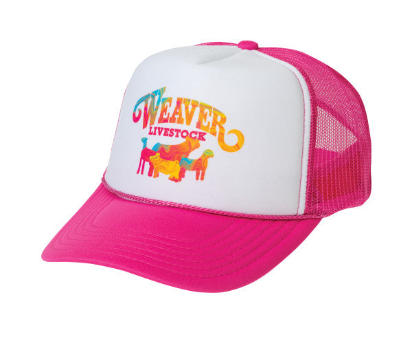 Pink and white cap with colorful 'Weaver Livestock' logo on a white background