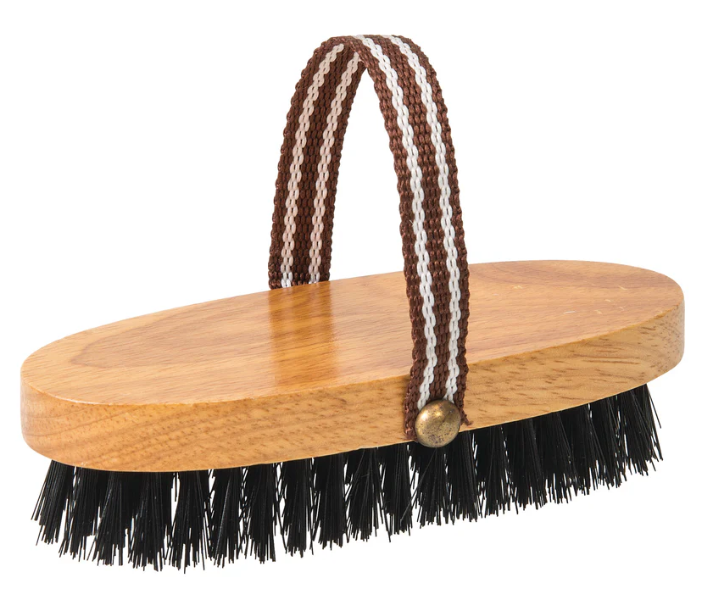 Wooden brush with black bristles and a striped handle on a white background