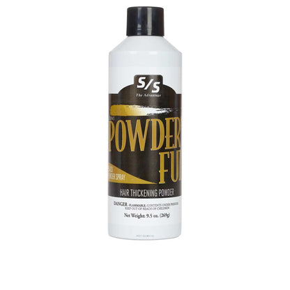 Hair thickening powder spray bottle with black and gold label on a white background