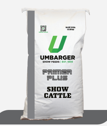 Umbarger Show Feeds bag for primer plus show cattle on a white background