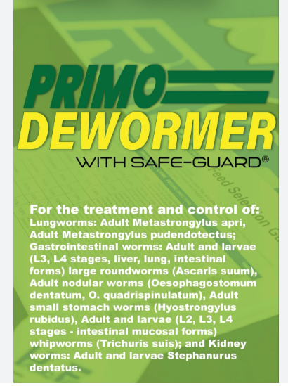 Primo Dewormer label with green and yellow text on a green background