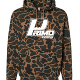 Camo print hoodie with a logo on a plain background