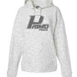 Gray leopard print  hoodie with a Primo Feed  logo on the chest against a white background