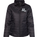 Black insulated jacket with a logo on the chest against a white background