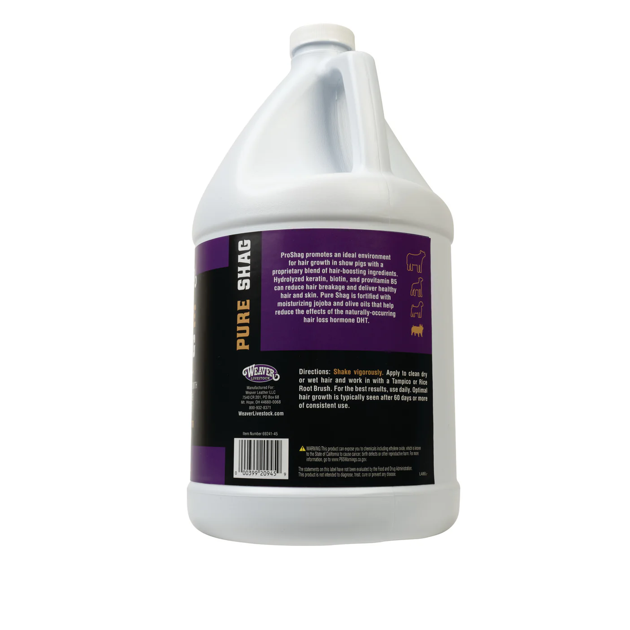 White bottle with purple label on a white background