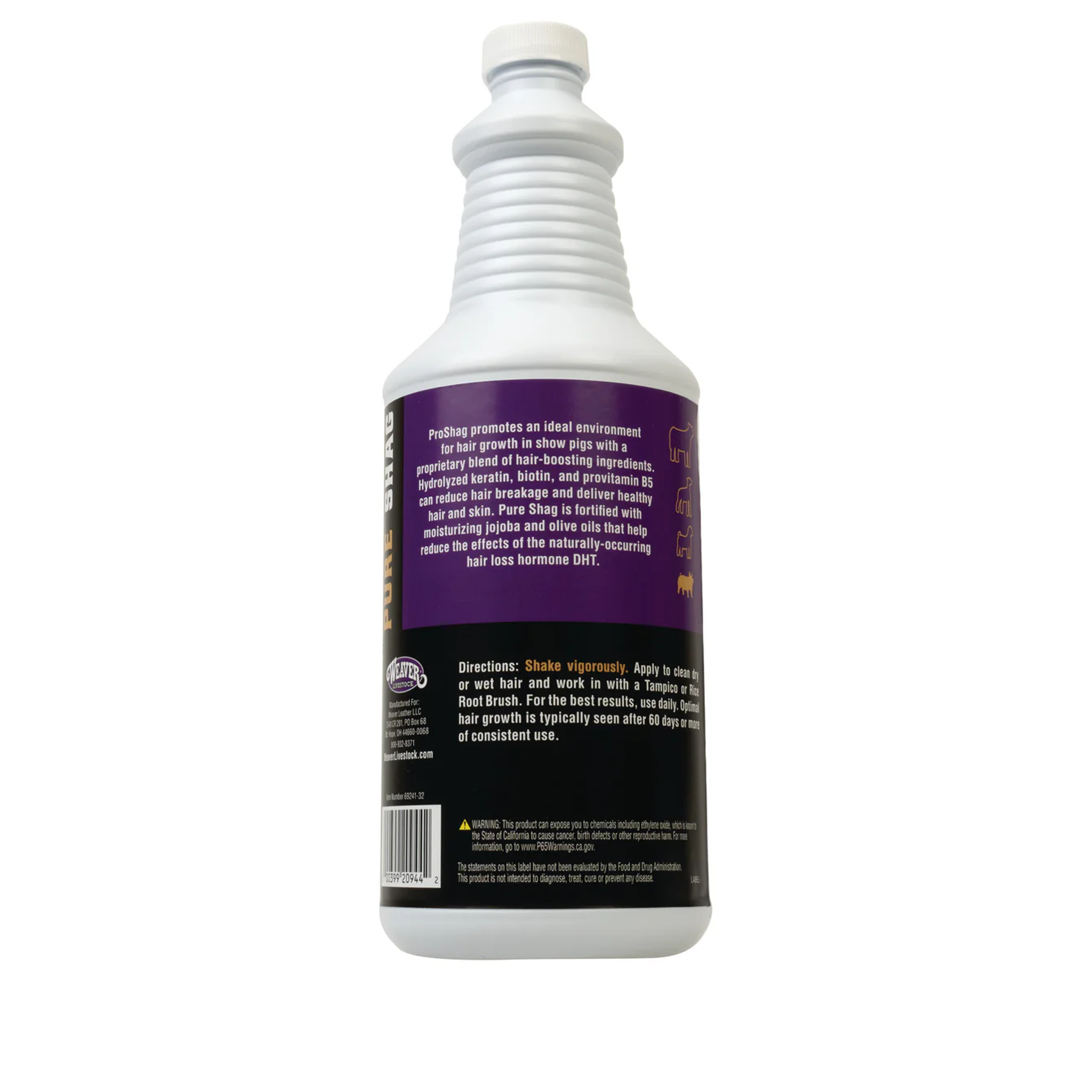White bottle with a purple label on a white background