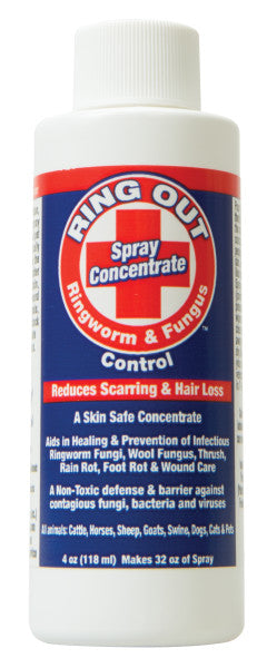 Ring Out spray concentrate bottle for ringworm, fungi, and fungus control on a white background