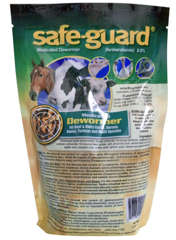 Safe-Guard medicated dewormer packaging with images of animals on a white background