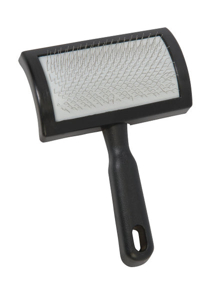 Pet grooming brush with black handle and clear plastic surface on a white background