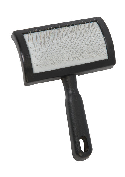 Pet grooming brush with black handle and clear plastic surface on a white background