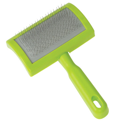 Green pet brush with gray bristles on a white background