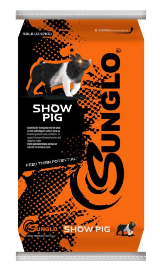 Sunglo Show Pig feed packaging on a white background