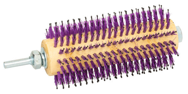 Round hairbrush with purple bristles on a white background