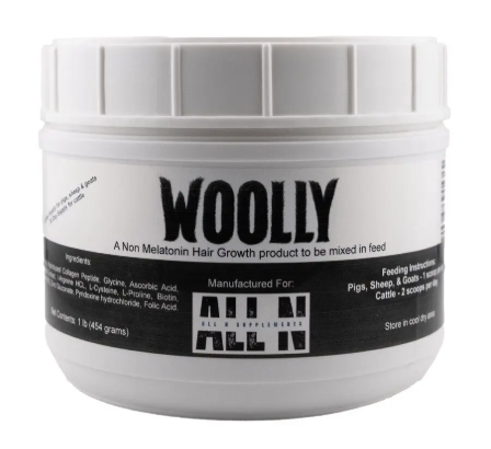 White container labeled 'Woolly' with black text on a white background